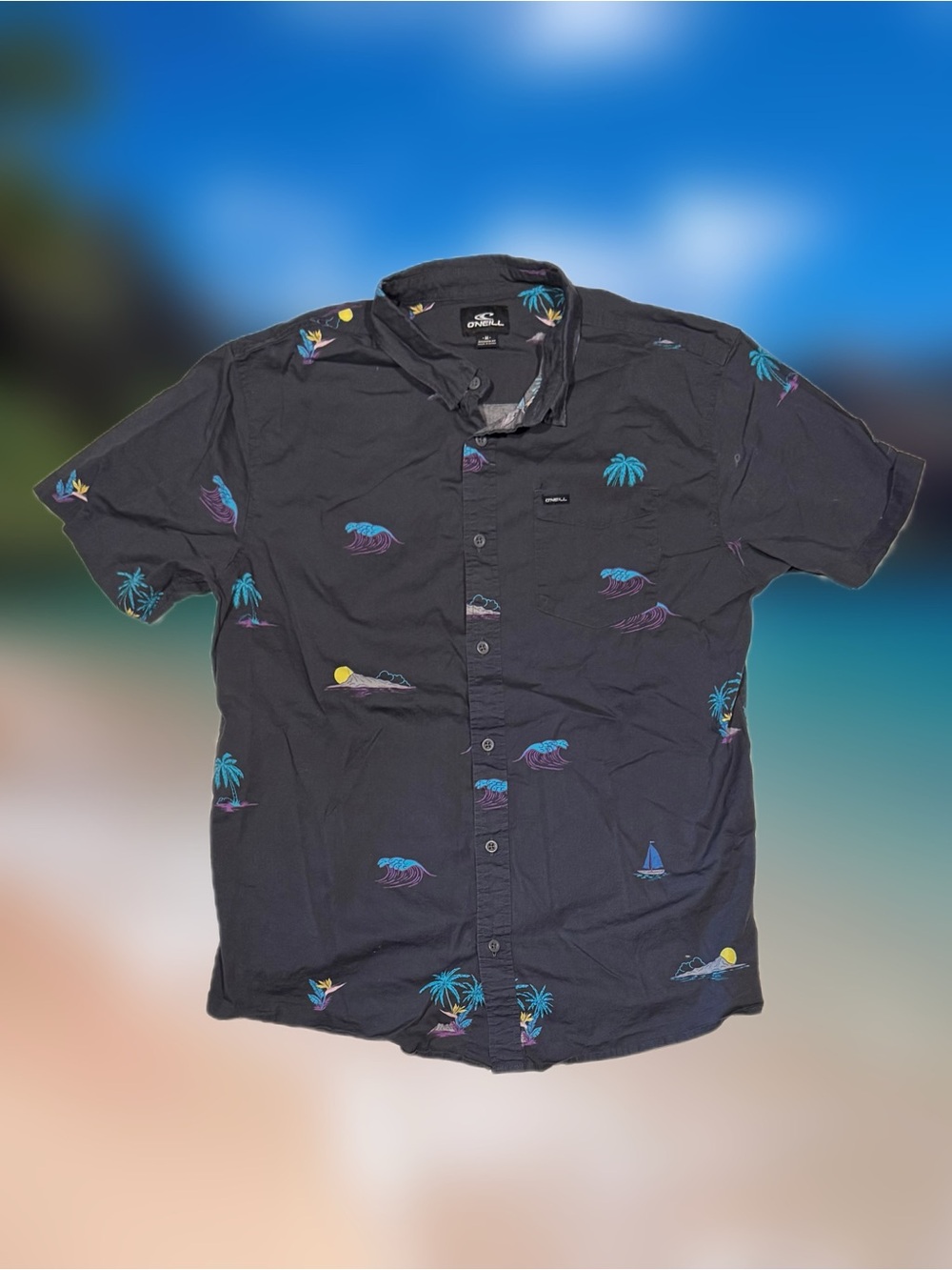 O'Neill Men’s Size Medium Navy Tropical Hawaiian Modern Fit Button-Up Shirt